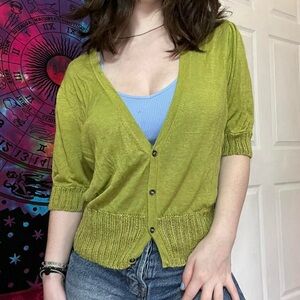 Green Button-Up Women's V Neck Cropped Cardigan Sweater 3/4 sleeves